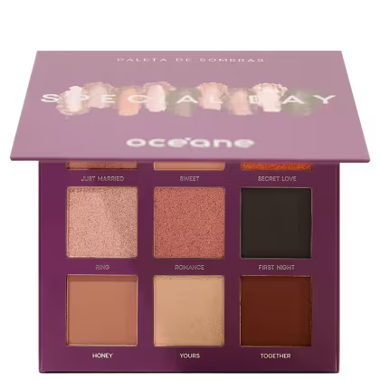 Paleta de sombras Océane Special Day. Embalagem retangular em tons de roxo. A paleta contém 6 sombras em tons terrosos, dourados e marrons, com nomes sugestivos como "Just Married", "Sweet", "Ring", "Romance", "Yours" e "Together".