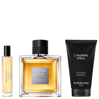 A imagem mostra um frasco de 10ml travel size de perfume, um frasco de 100ml de perfume, quadrado, transparente com tampa preta e um shower gel em bisnaga preto de 75ml com a mesma fragrância do perfume.