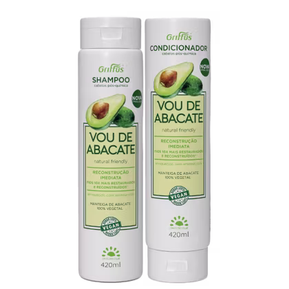 A imagem mostra shampoo e condicionador para cabelos da marca Griffus em embalagens cilíndricas brancas. Rótulos verdes com imagem de abacate.