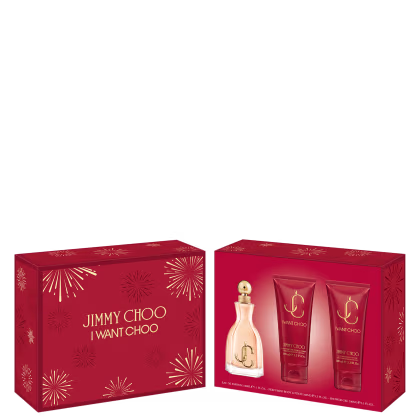 A imagem mostra a caixa do kit, toda vermelha com detalhes e letras douradas, de frente. E, ao lado, a caixa de costas, com a foto do perfume, hidratante e sabonete líquido.