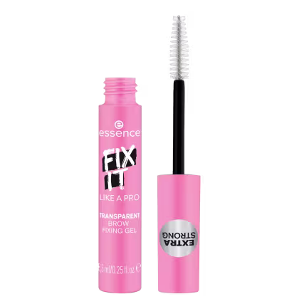 Produto de maquiagem para sobrancelhas da marca Essence. Um frasco transparente rosa com o rótulo "Fix It Like a Pro Transparent Brow Fixing Gel" contendo gel fixador transparente para sobrancelhas.