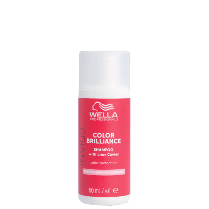 Shampoo Color Brilliance da Wella Professionals. Embalagem  cilíndrica vermelha com tampa branca. Volume de 50ml mencionado na embalagem.