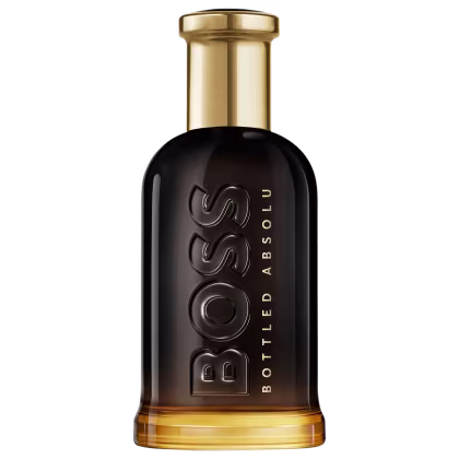 Perfume em frasco de vidro com formato cilíndrico e tampa dourada. Ele tem uma gradação de cor que vai do preto na parte superior ao âmbar na parte inferior. O rótulo exibe o logotipo "BOSS" em relevo e a inscrição "BOTTLED ABSOLU" abaixo, em dourado.