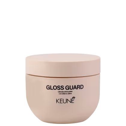 A imagem mostra  a Cera Modeladora Gloss Guard marca Keune, em pote arredondado e na cor bege claro. Traz texto indicando que é um produto para dar brilho e polimento aos fios.