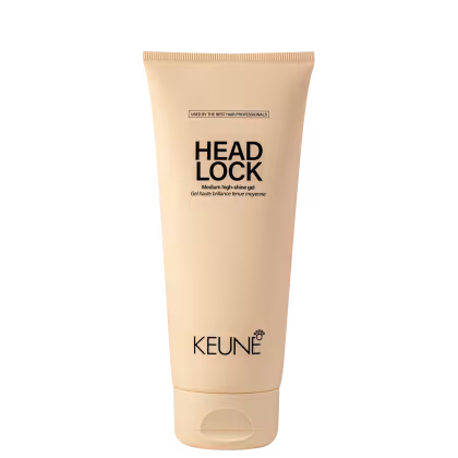 A imagem mostra o Gel Fixador Head Lock da marca Keune, com embalagem de cor bege. Traz o nome "Head Lock" em letras pretas, descrito como "Medium high-shine gel" (Gel de brilho médio). O logotipo da Keune aparece na parte inferior.