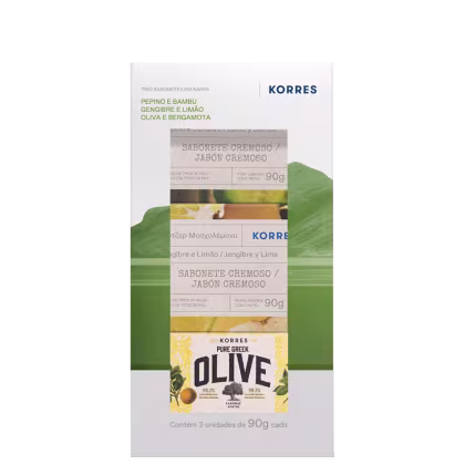 Trio de sabonetes em barra da marca Korres. Embalagem retangular contendo três sabonetes cremosos de 90g cada. Aromas: pepino e bambu, gengibre e limão, oliva e bergamota.