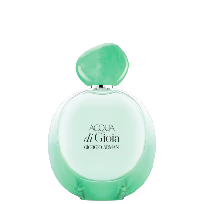 O produto apresentado é um frasco de perfume da linha Acqua di Gioia da Giorgio Armani. O frasco possui um formato arredondado com uma tampa em formato de pedra verde translúcida.