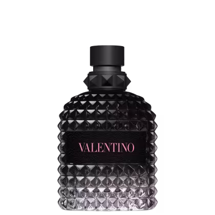 Frasco de perfume Valentino preto com textura piramidal e detalhes em preto e rosa. O rótulo em destaque exibe o nome da marca em letras grandes.