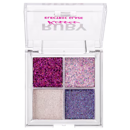 Paleta de Sombras Ruby Kisses Electric Glaze Unicorn com tons rosados e azul.