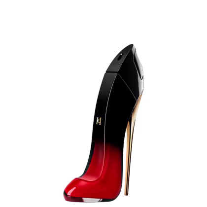 Very Good Girl Elixir Eau de Parfum Carolina Herrera, frasco em formato de salto alto com degradê preto e vermelho intenso.