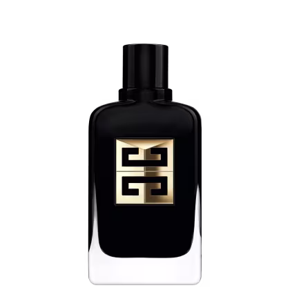 O frasco possui um design elegante e minimalista, com uma cor predominantemente preta e detalhes em dourado. O rótulo exibe o logotipo da marca Givenchy em destaque, com uma composição geométrica em preto e dourado.