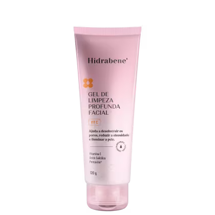 Gel de limpeza profunda facial da marca Hidrabene.  O tubo contém informações sobre os principais ingredientes e benefícios do produto, como ajudar a desobstruir os poros, reduzir a oleosidade e iluminar a pele.