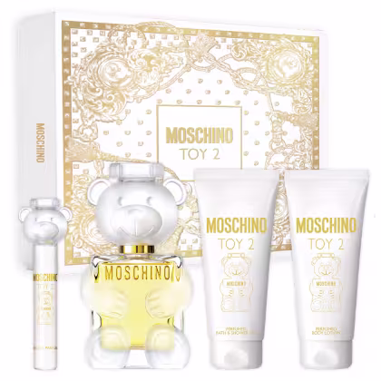 Produtos Toy 2 Moschino com perfume, gel de banho, loção corporal e travel spray