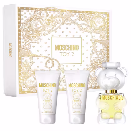 Produtos Toy 2 Moschino com perfume, gel de banho e loção corporal