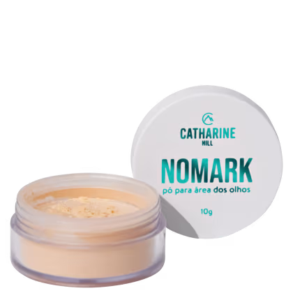 O produto é um pó para área dos olhos da marca Catharine Hill, chamado Nomark, em embalagem circular branca com logotipo e informações do produto em azul turquesa, com 10g
