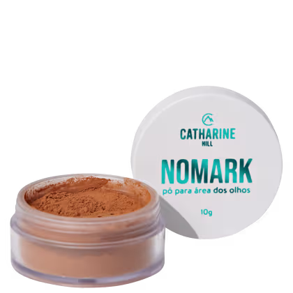 Pote de pó compacto da marca Catharine Hill, com rótulo em branco e azul exibindo o nome "NOMARK" e a descrição "pó para área dos olhos".