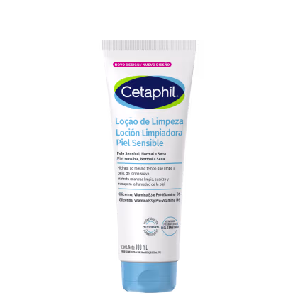 Tubo de limpeza facial da marca Cetaphil, com 100 ml de conteúdo. O rótulo apresenta o nome da marca em destaque, junto com a descrição "Loção de Limpeza Piel Sensible" e informações sobre os ingredientes e benefícios do produto.