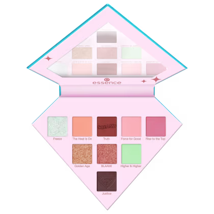 Paleta de sombras de olhos da marca Essence, com 12 tons em tons neutros, rosados e dourados, em embalagem rosa e azul com estrelas.