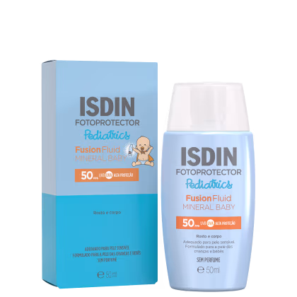 Produto de proteção solar ISDIN Pediatrics Fusion Fluid Mineral Baby, com embalagem azul e branca, contendo 50 ml de produto com FPS 50 e indicação para pele de crianças e bebês, sem perfume.