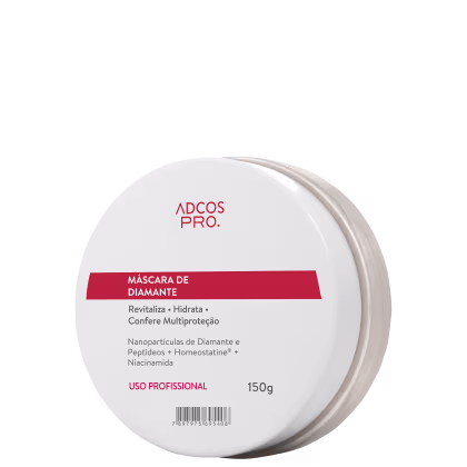 Máscara de Diamante da linha Adcos Pro. Embalagem branca redonda com rótulo vermelho e branco. Contém informações sobre os ingredientes e benefícios do produto, como revitalização, hidratação e multiproteção.