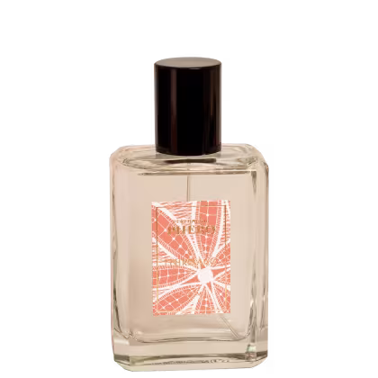 Frasco de perfume Phebo com tampa preta e rótulo laranja com padrão geométrico. Embalagem de vidro transparente contendo líquido incolor.