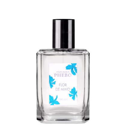 Frasco de perfume Phebo Flor de Maio, com embalagem de vidro transparente e rótulo branco com detalhes em azul, exibindo o nome da marca e a fragrância.