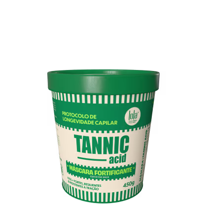 Embalagem verde de máscara capilar Tannic Acid da marca Lola From Rio, com rótulo destacando o protocolo de longevidade capilar e a função de máscara fortificante.