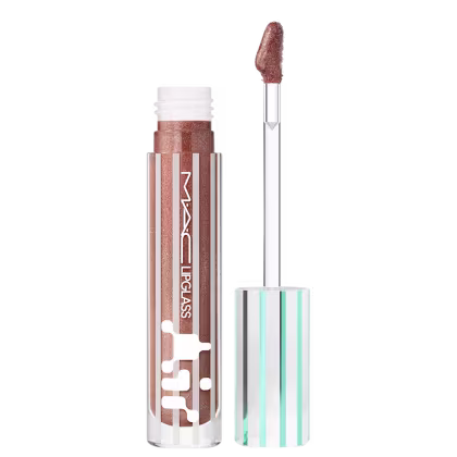 Tubo de brilho labial M·A·C com aplicador em forma de pincel, embalagem branca e rosa com texto "Lipglass" em destaque, produto de cor marrom rosada.