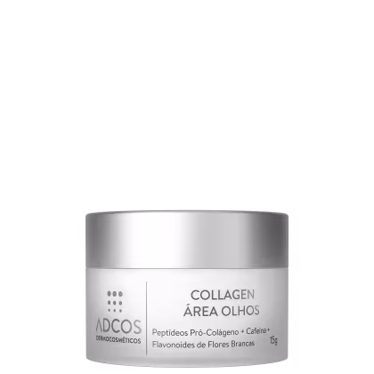 Recipiente branco com rótulo cinza e texto "COLLAGEN ÁREA OLHOS". Contém 15g de produto. Rótulo indica "Peptídeos Pró-Colágeno + Cafeína + Flavonoides de Flores Brancas" como ingredientes.