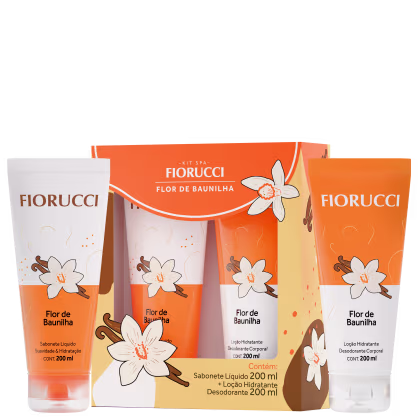 Kit Spa Fiorucci Flor de Baunilha contendo sabonete líquido de 200 ml e loção hidratante desodorante corporal de 200 ml, em embalagens laranja e branca com flores brancas e detalhes em marrom.