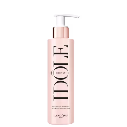 Frasco de loção corporal perfumada Body Up Idôle Lancôme, com design minimalista em tons de rosa e branco. O rótulo destaca o nome da marca e o produto em letras pretas.