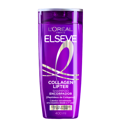 Frasco de shampoo Elseve Collagen Lifter da L'Oréal Paris, com embalagem roxa e detalhes em dourado, contendo 400 ml do produto.
