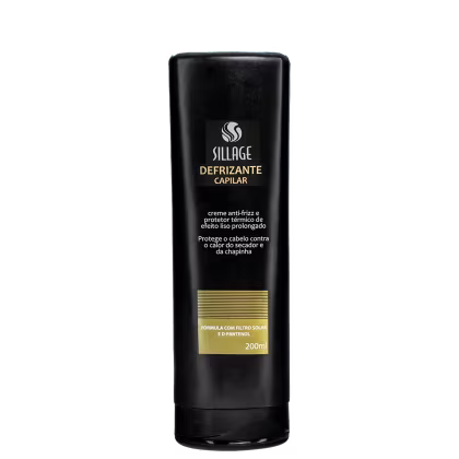 Frasco preto de creme anti-frizz e protetor térmico da marca Sillage, com rótulo dourado e texto em português descrevendo os benefícios do produto para o cabelo.