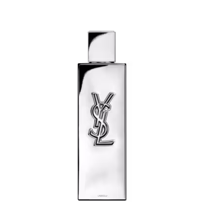 Frasco de perfume de design minimalista prateado, com o logotipo da marca Yves Saint Laurent em destaque. A embalagem possui uma forma geométrica simples e elegante, com uma tampa destacada no topo.