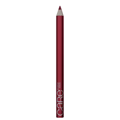 Lápis de maquiagem vermelho da marca Care Natural Beauty, com corpo cilíndrico e ponta afilada, em fundo preto.