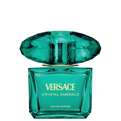 Frasco de item de perfumaria de cor verde esmeralda brilhante com tampa em formato oval. Rótulo em letras douradas exibe a marca "VERSACE CRYSTAL EMERALD" e a descrição "EAU DE PARFUM".