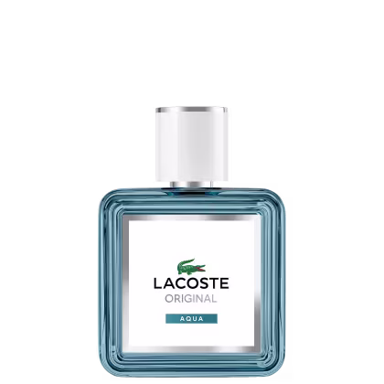 Perfume Lacoste Original Aqua com design moderno e elegante. Embalagem de vidro azul transparente com tampa branca e logotipo da marca. Rótulo branco com o nome do produto e indicação da fragrância "Aqua".