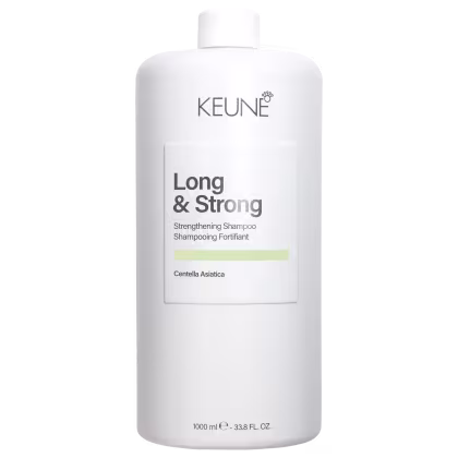 Shampoo da marca Keune, com rótulo indicando o nome "Long & Strong" e é apresentado em embalagem cilíndrica com tampa brancos e texto preto.