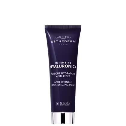 Tubo da marca Institut Esthederm Paris, com rótulo em fundo escuro e texto em branco. O produto é descrito como "Intensive Hyaluronic+ Anti-Wrinkle Moisturizing Mask", um item de cuidados com a pele.