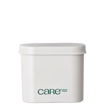 Recipiente branco cilíndrico com tampa, contendo produto de beleza da marca Care. O rótulo verde apresenta o nome da marca e a descrição "natural beauty".