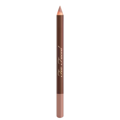 Lápis de maquiagem marrom em embalagem cilíndrica com texto dourado "Lip Liner" em fundo preto.