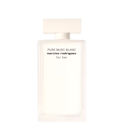 Frasco de perfume branco com rótulo preto exibindo o nome "Pure Musc Blanc" da marca Narciso Rodriguez for her. O frasco possui uma tampa quadrada e uma forma retangular simples, com uma aparência elegante e minimalista.
