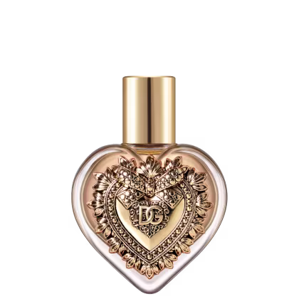 Frasco de perfume em formato de coração dourado com detalhes florais e decorativos, embalagem elegante e luxuosa.