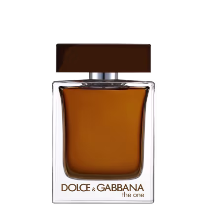 Frasco de perfume Dolce & Gabbana The One, com design retangular em vidro transparente e tampa marrom. O rótulo exibe o nome da marca em letras douradas.