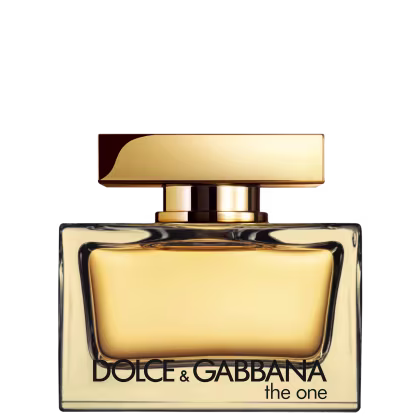 Item de perfumaria dourado e preto com rótulo "Dolce & Gabbana the one". Frasco retangular com tampa dourada. Texto em preto com nome da marca e produto.