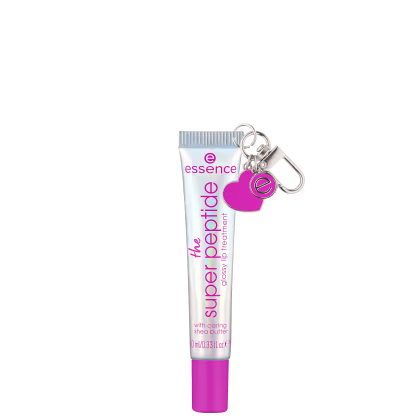 Embalagem do gloss prateada furta-cor e rosa. Contém texto "the super peptide" e logotipo da marca. Possui um pingente em forma de coração rosa preso ao tubo.