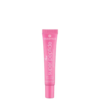 O tubo possui uma tampa rosada e uma textura estriada. O rótulo apresenta o nome do produto "The super peptide" em letras brancas sobre fundo rosa.