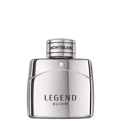 Frasco de perfume Montblanc Legend Elixir, com design elegante e minimalista em tons de prata e preto. O rótulo destaca o nome da fragrância em letras grandes. Embalagem sofisticada e moderna, refletindo a marca Montblanc.