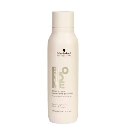 Frasco de shampoo de 300ml da linha Blond Me da Schwarzkopf Professional, com rótulo destacando o nome do produto "Bond Repair Nourishing Shampoo" e informações sobre sua função de fortalecer e hidratar os cabelos.