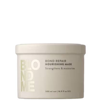 Pote bege com rótulo em letras grandes "BLONDME" contendo a descrição "Bond Repair Nourishing Mask" de 500ml e informações sobre o produto, que fortalece e hidrata os cabelos.